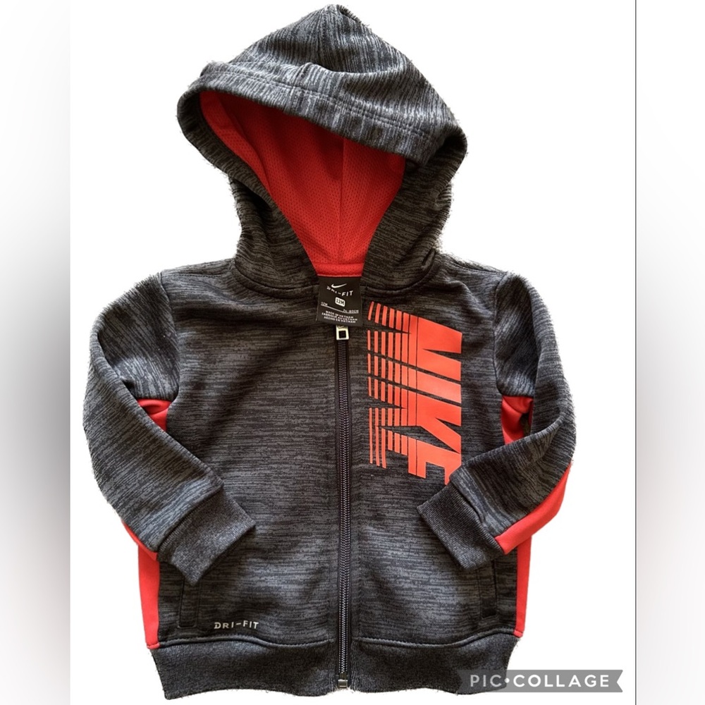 Nike Dri-Fit Boys 12 Months Gray w/Red Logo Full Zip Sweatshirt Hoodie